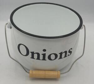 White Enamelware Onion Storage Bucket with Wood Handle 5x7